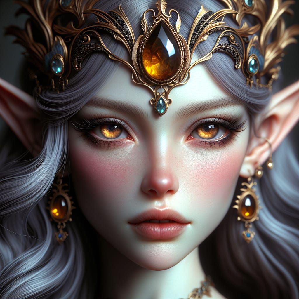 Elf Portrait with Amber Eyes and Golden Headpiece
