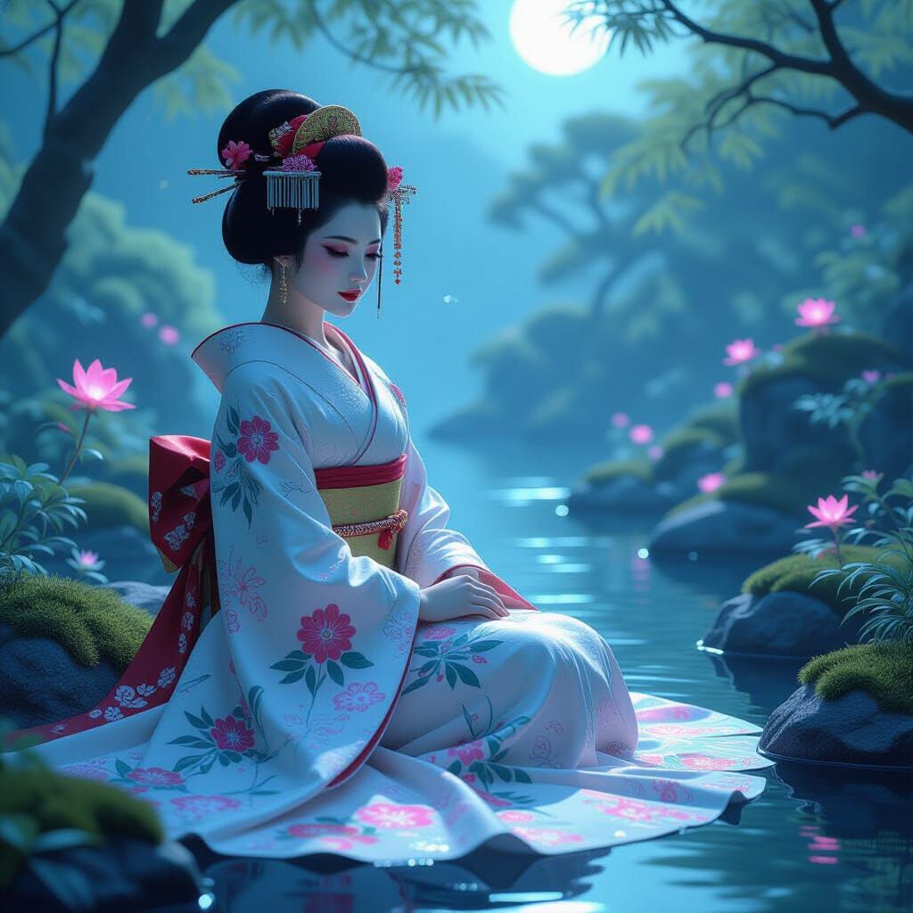 Geisha Queen of Hearts in Alien Bioluminescent Garden
