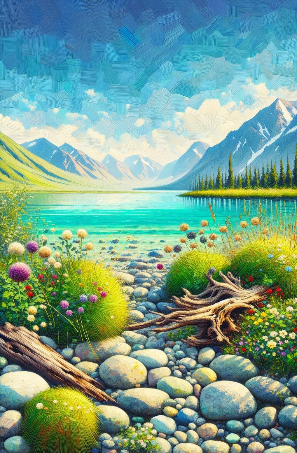 Nature Reserve Oil Painting with Wildflowers and Lake