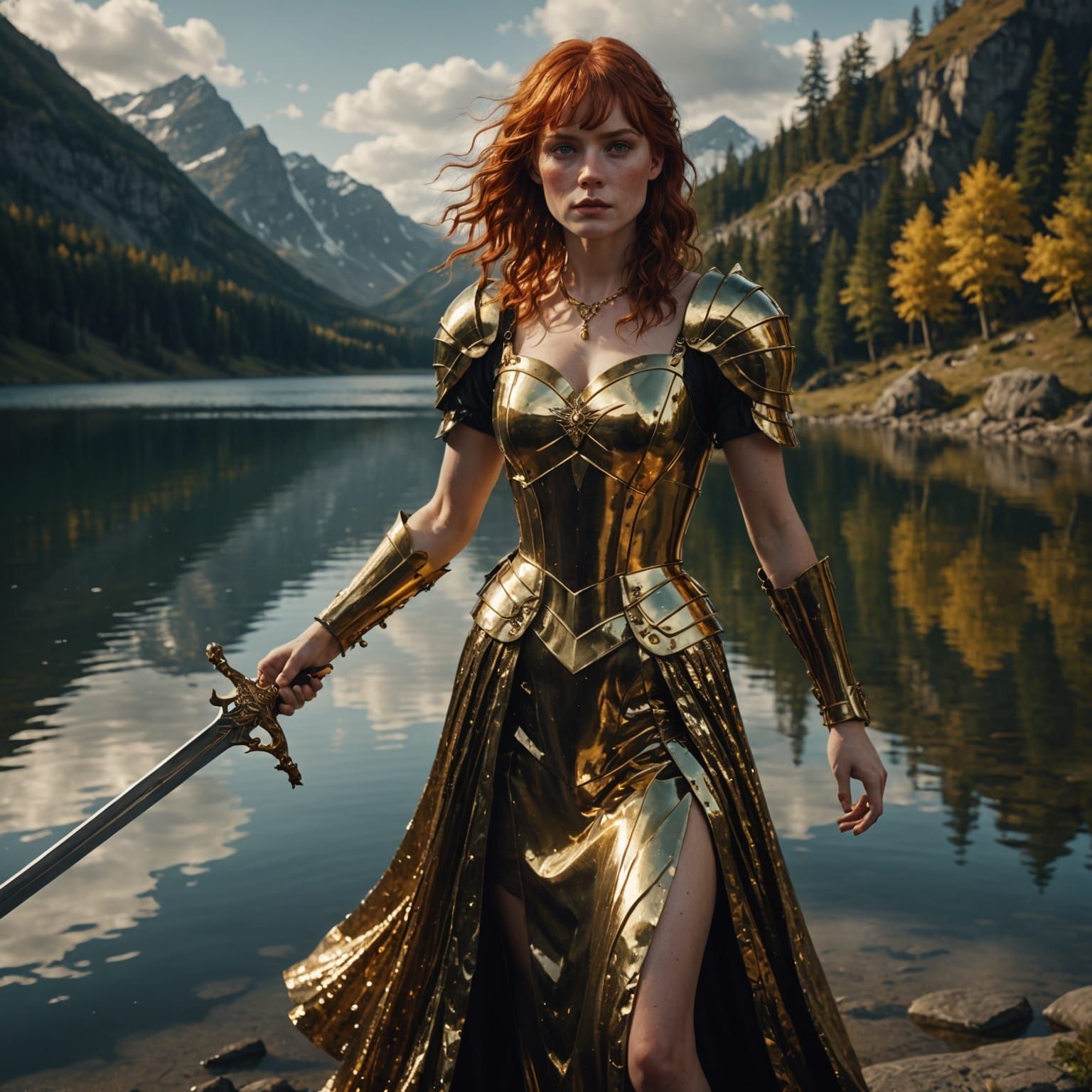 Red-Haired Woman with Sword at Lake Edge