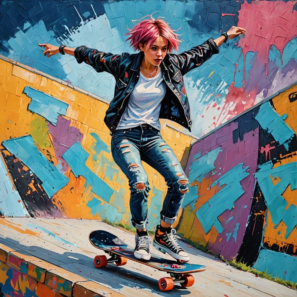 Skateboarder at Skate Park in Neo-Impressionist Style