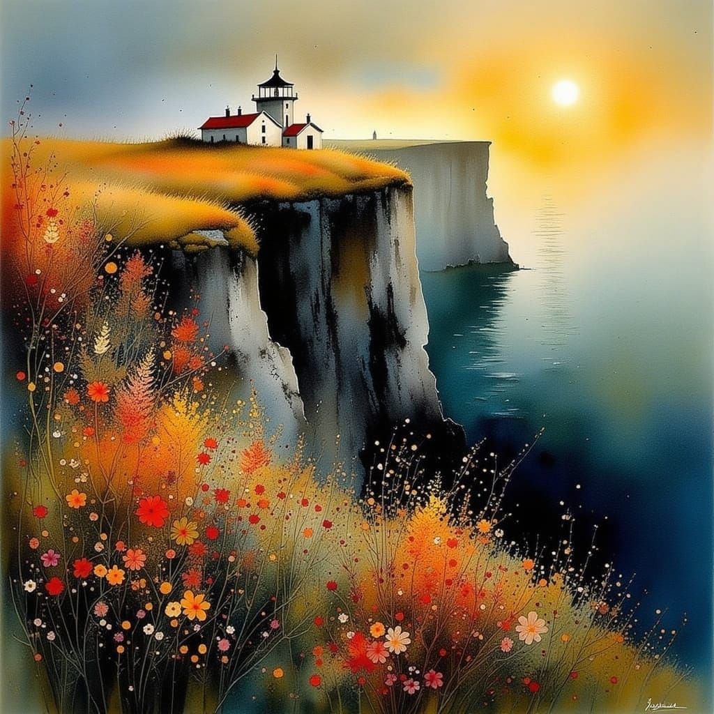 Surreal Cliffside Lighthouse at Sunset in Whimsical Watercol...