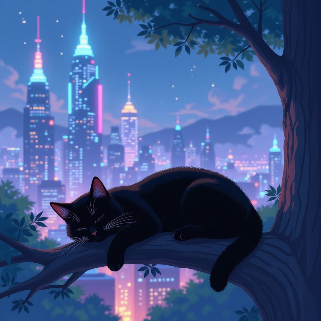 Black Cat Sleeps on Tree Before Futuristic Anime City