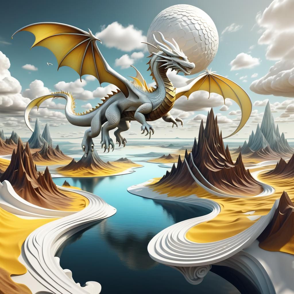 Endless Magical Land With White Dragon, Impasto Style