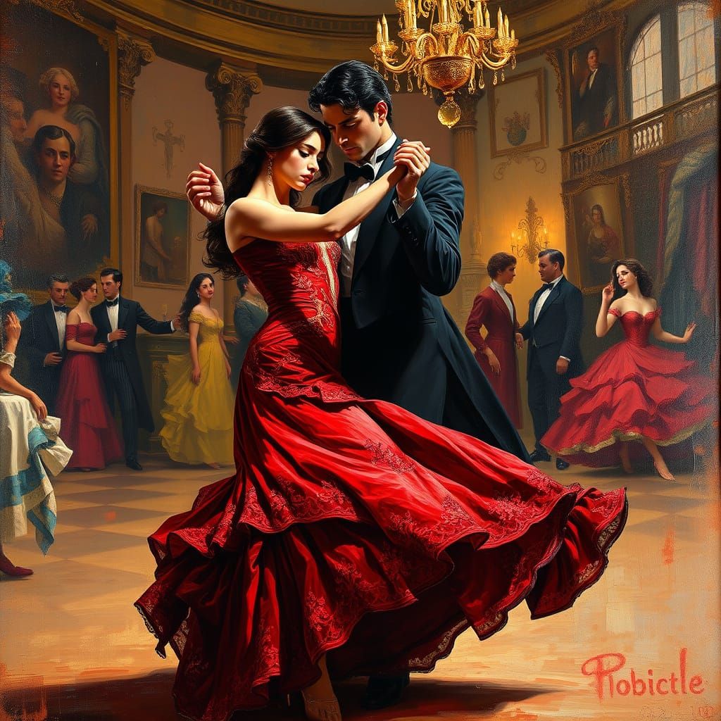 Elegant 19th-Century Ballroom Scene in Impasto Style
