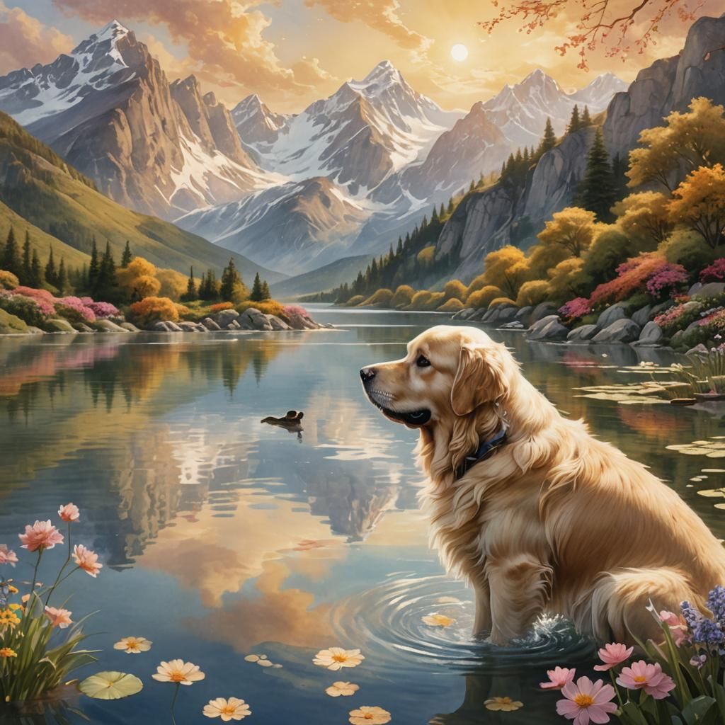Golden Retriever Drinks from Lake: Whimsical Fantasy Art