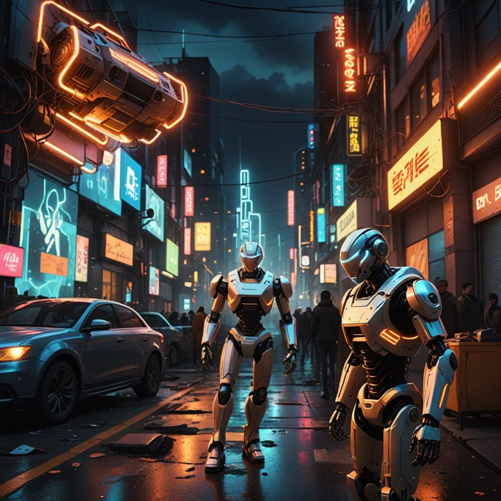 Futuristic City Under Siege by Neon-Lit Robots