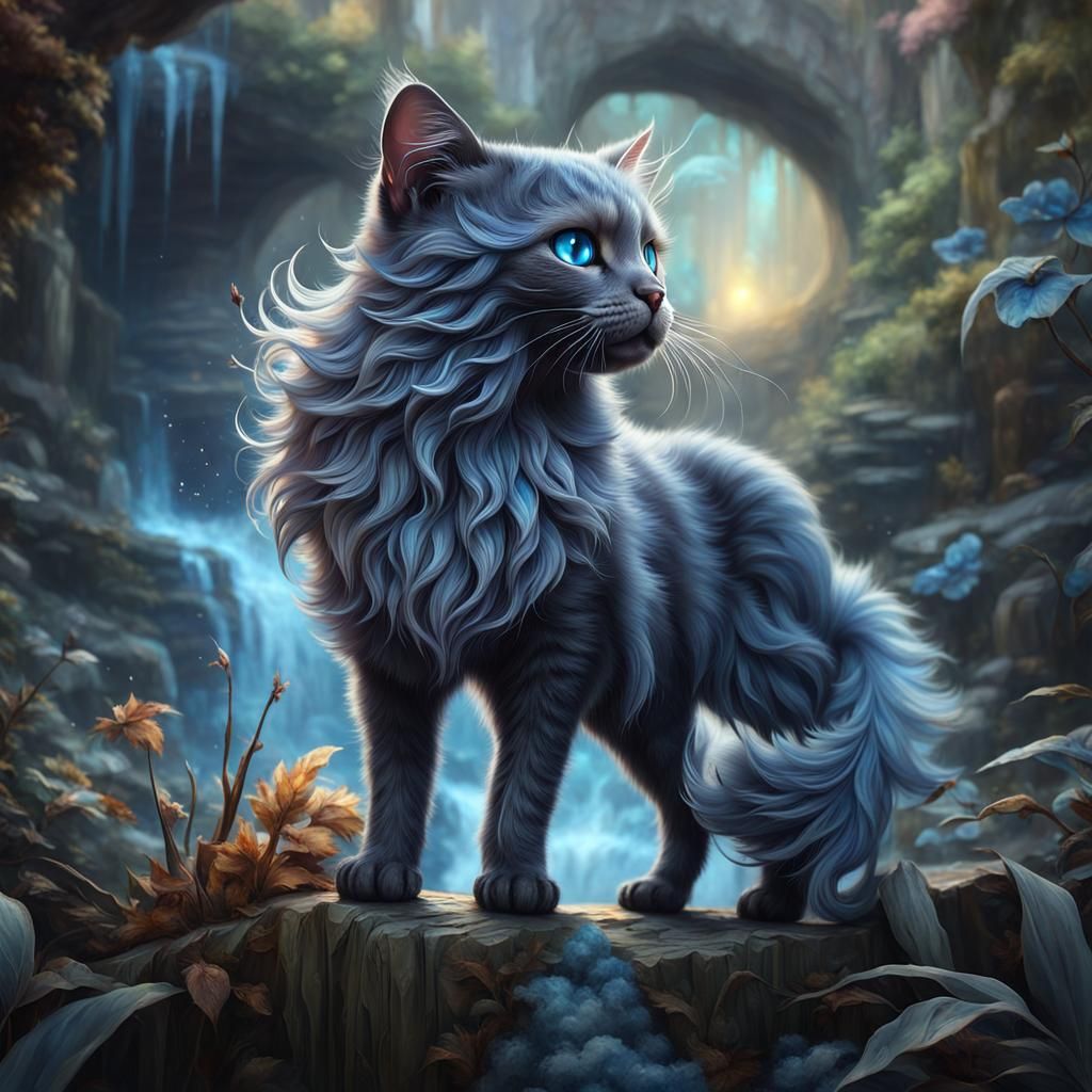 Intricate Cute Cat with Fluffy Fur, Watercolor Art