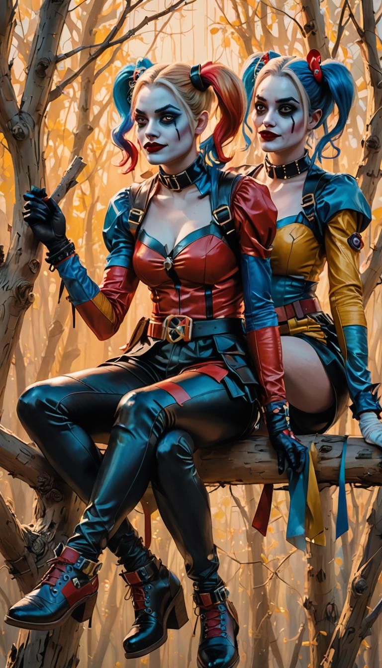 Three Figures on Branch in Oil Painting Style