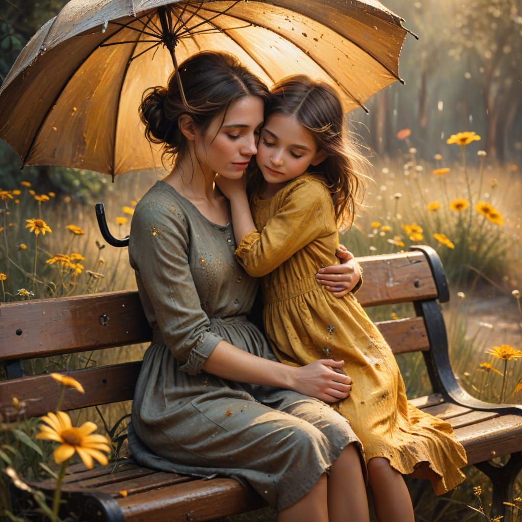 Young Woman and Child Embrace, as Oil Painting