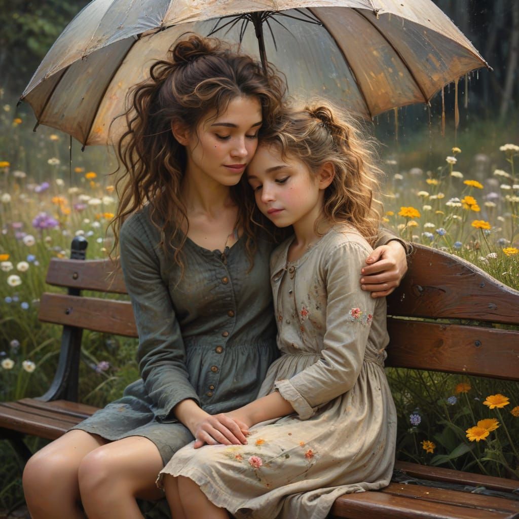 Woman and Child Embrace in Earth Tones Oil Painting