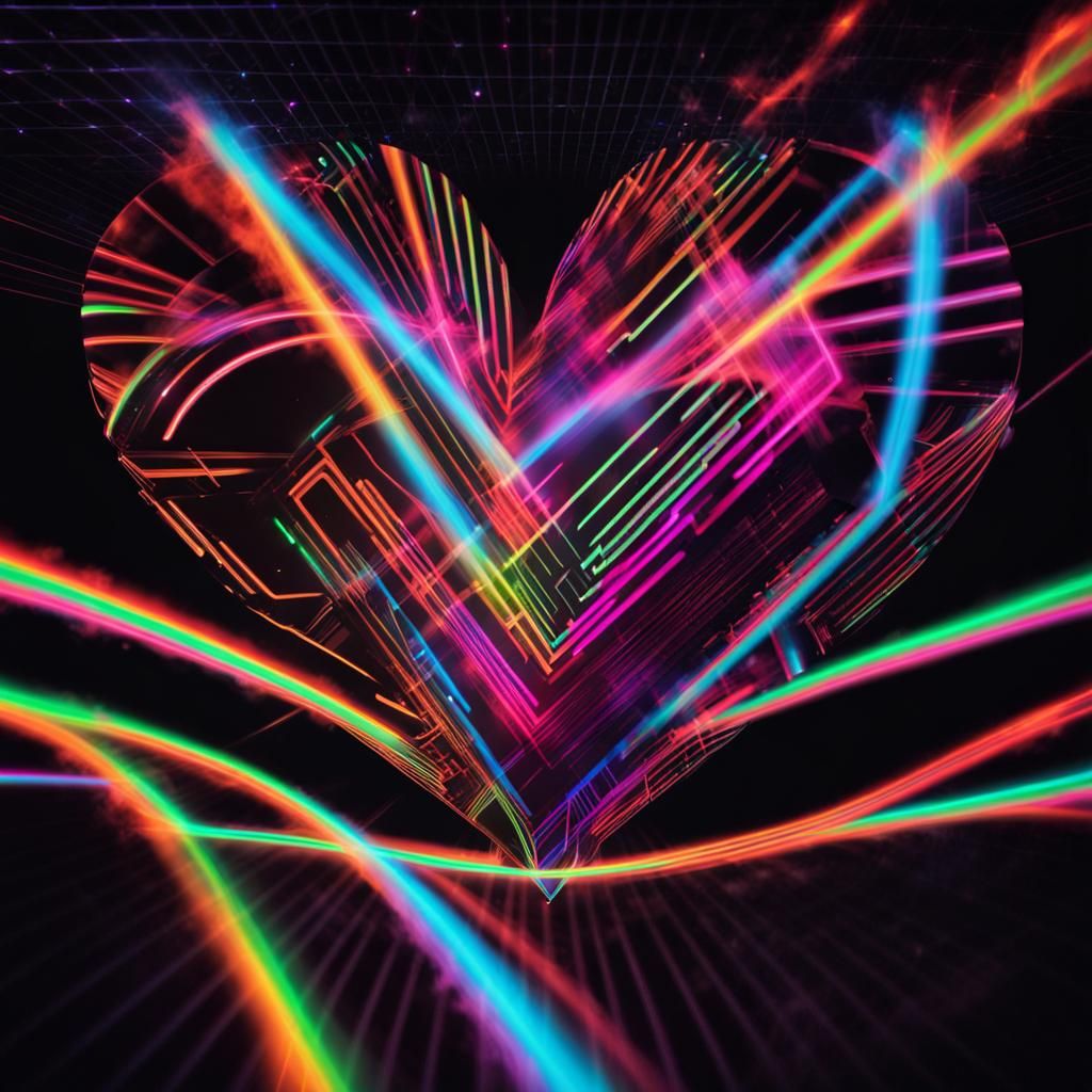 Psychedelic Heart with Neon Lasers in Synthwave Style