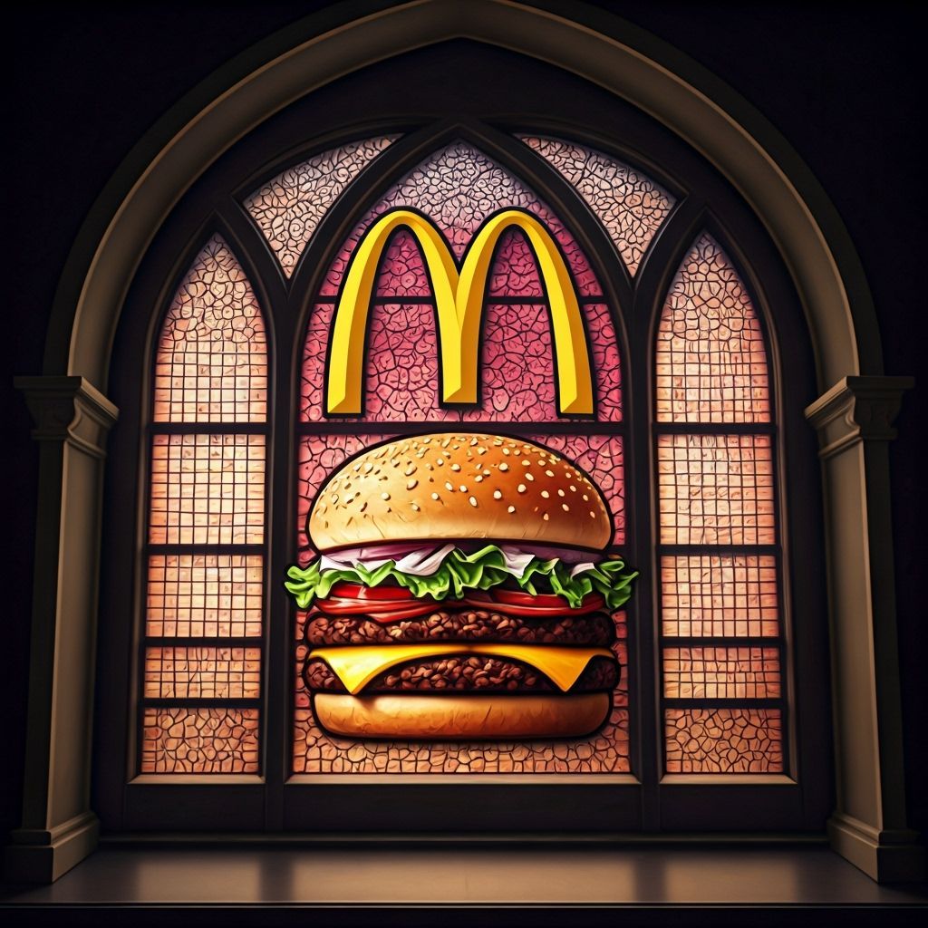 McDonald's Logo and Cheeseburger in Stained Glass Window