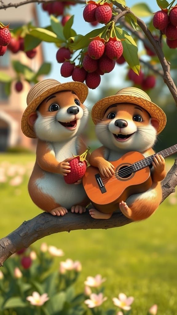 Baby Marmots in Mulberry Tree, Pixar-Style 3D Animation
