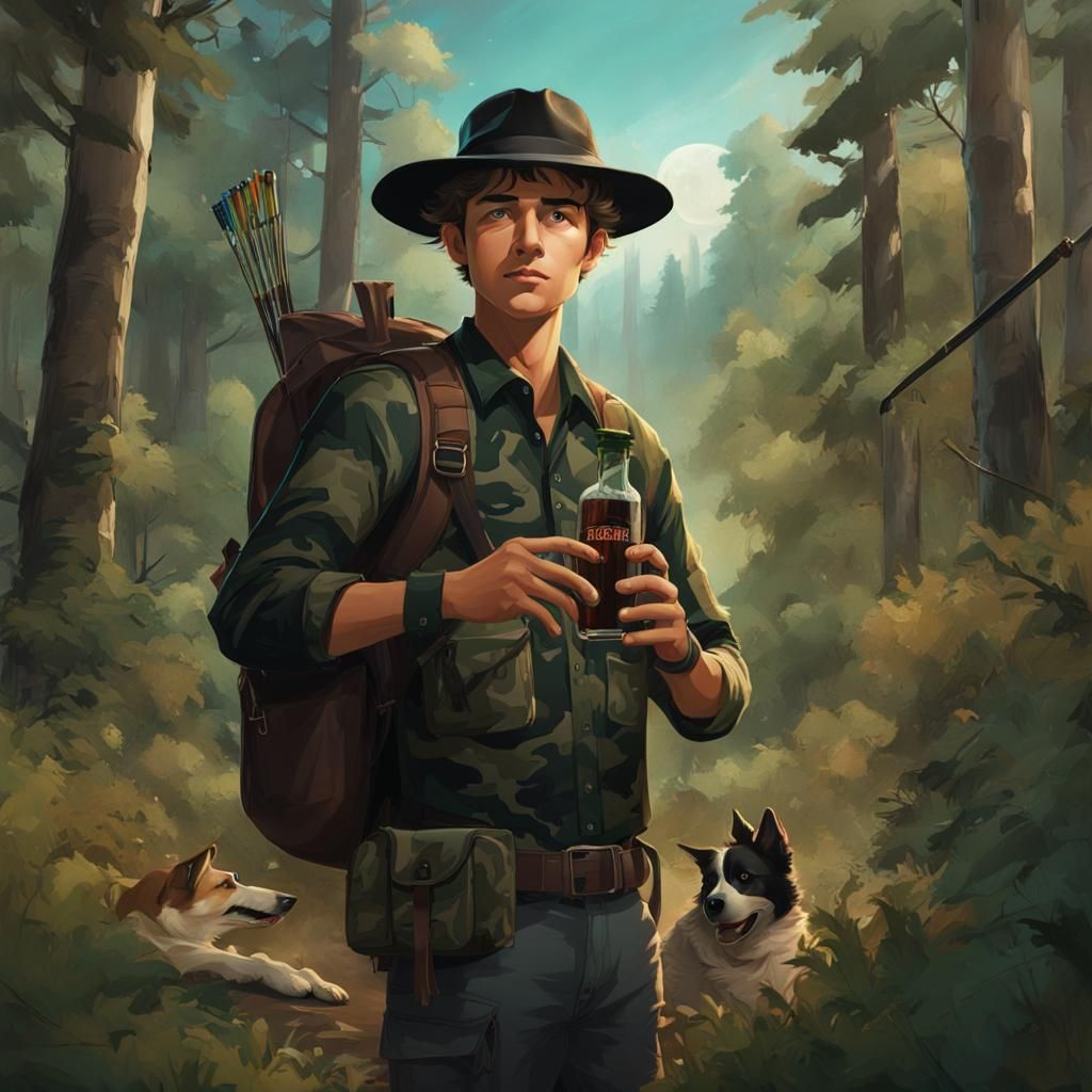 Hunter in Woodland Camo with Longbow