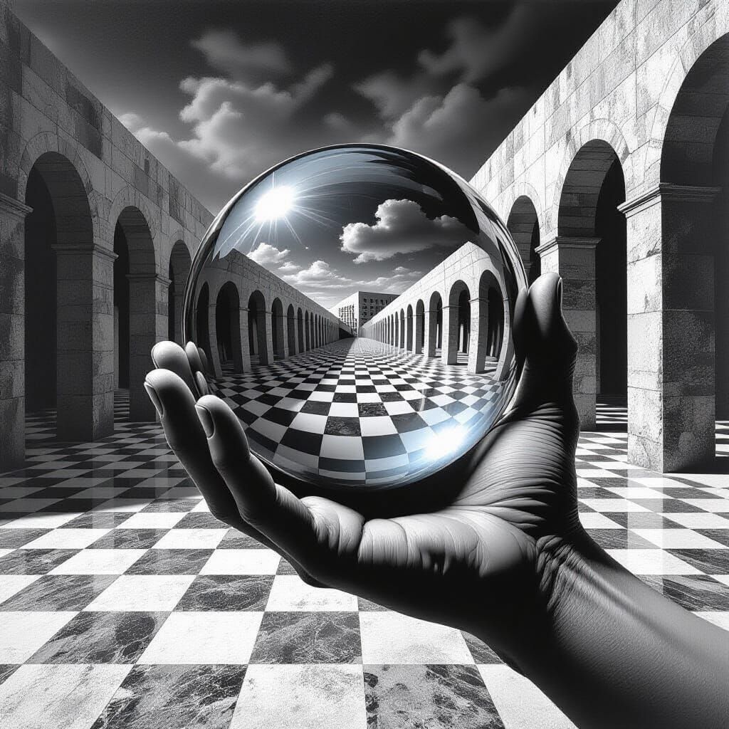 Surreal Hand Reflecting Impossible Architecture in B&W Photo...