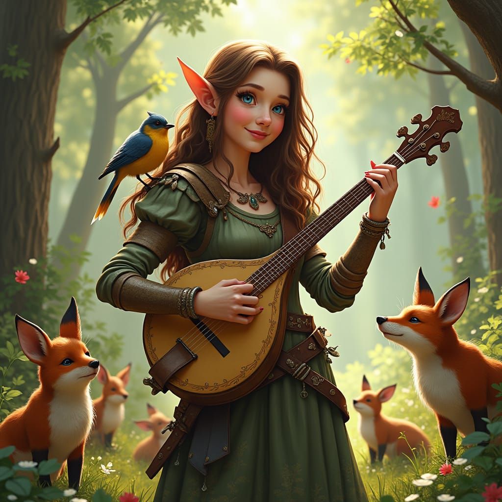 Enchanting Halfling Bard in Forest Clearing, Folk Art Style