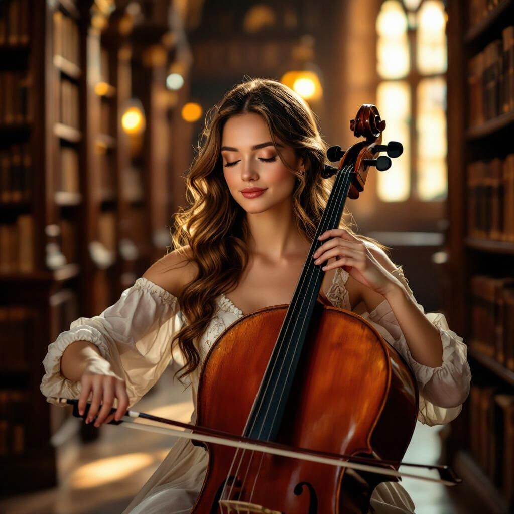 Cello Player in Library, Rembrandt and Hopper Style
