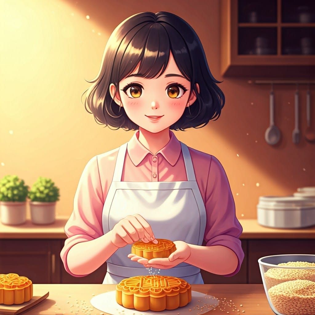 Anime Woman Decorates Moon Cake in Bakery Kitchen