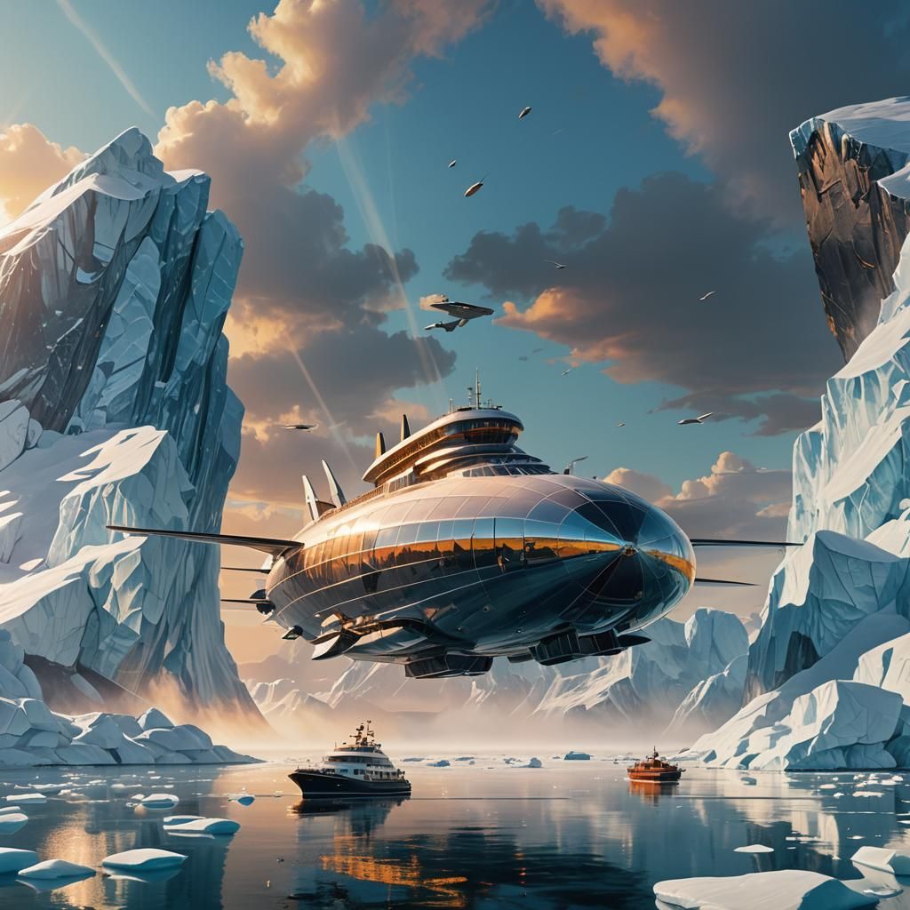 Arctic Superyacht with Airship Section in Oil Painting Style