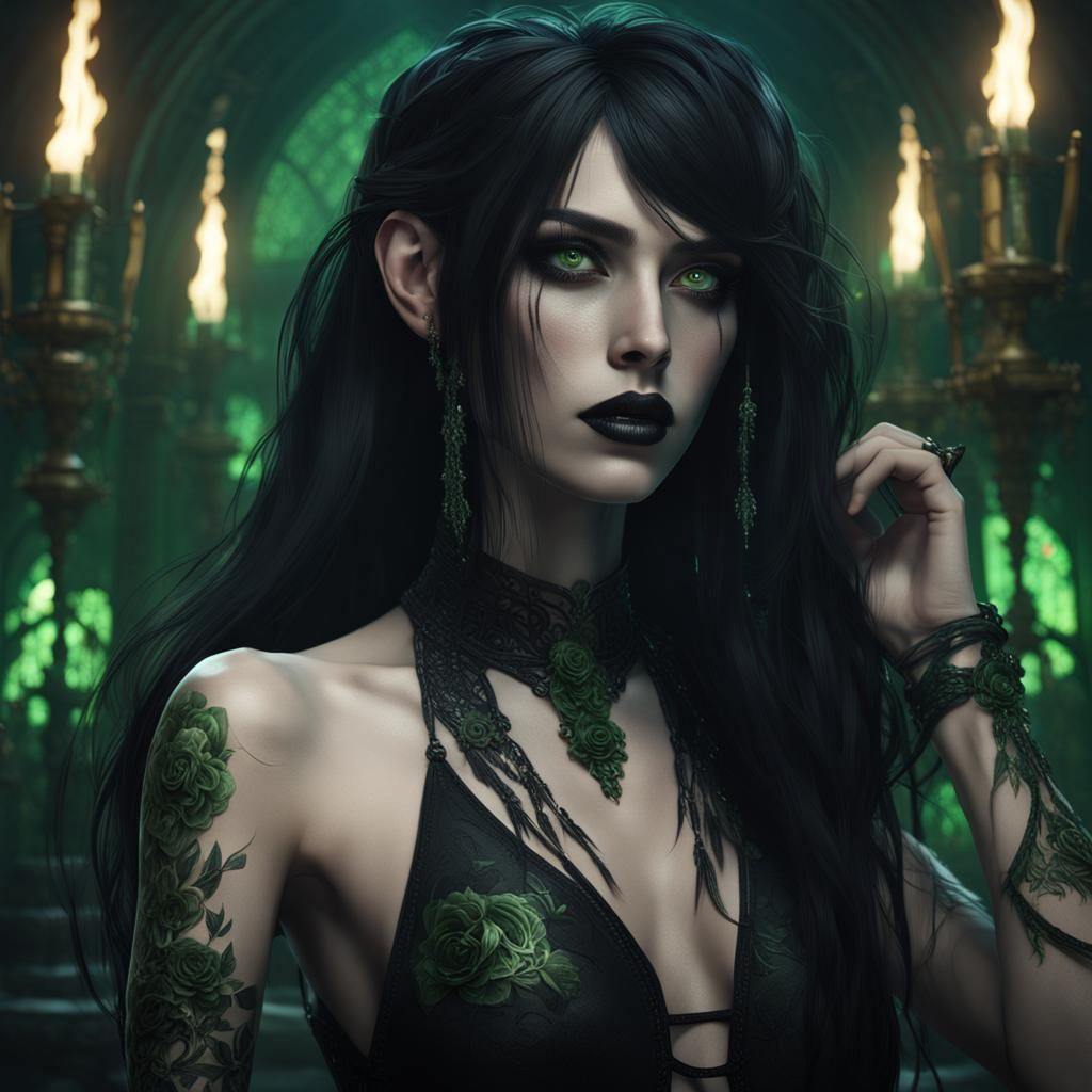 Gothic Woman in Dark Room: Detailed Matte Painting