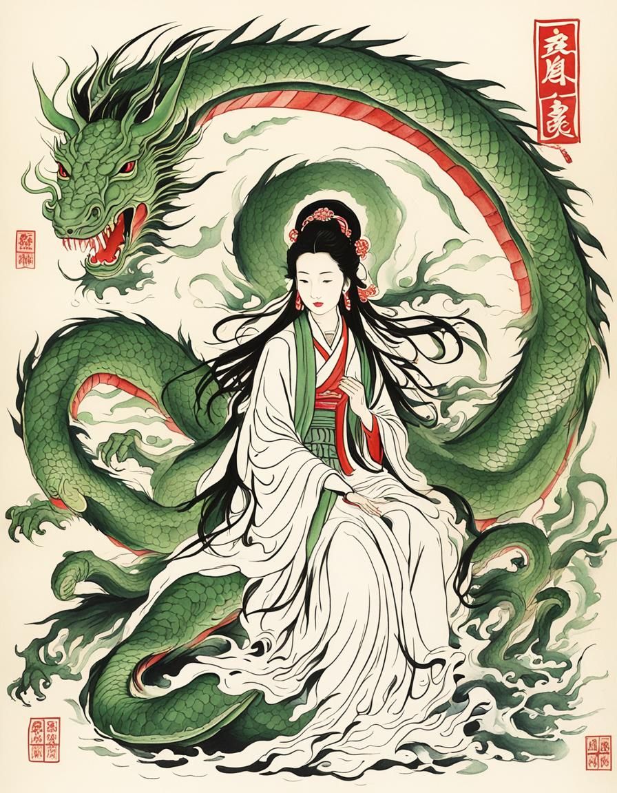 goddess Kwan Yin on a green dragon