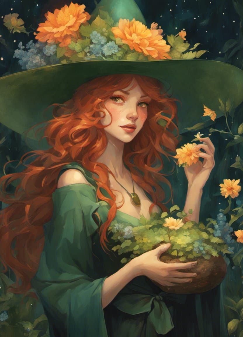 Freckled Garden Witch with Magic Flower