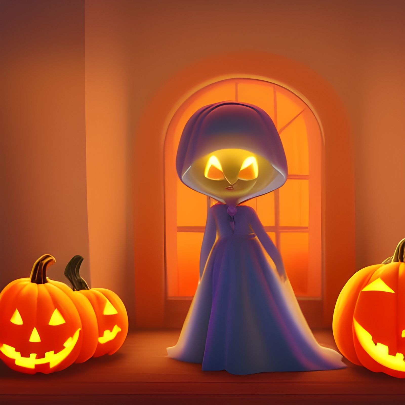 Halloween Ghost Girl with Pumpkins in 3D Digital Art