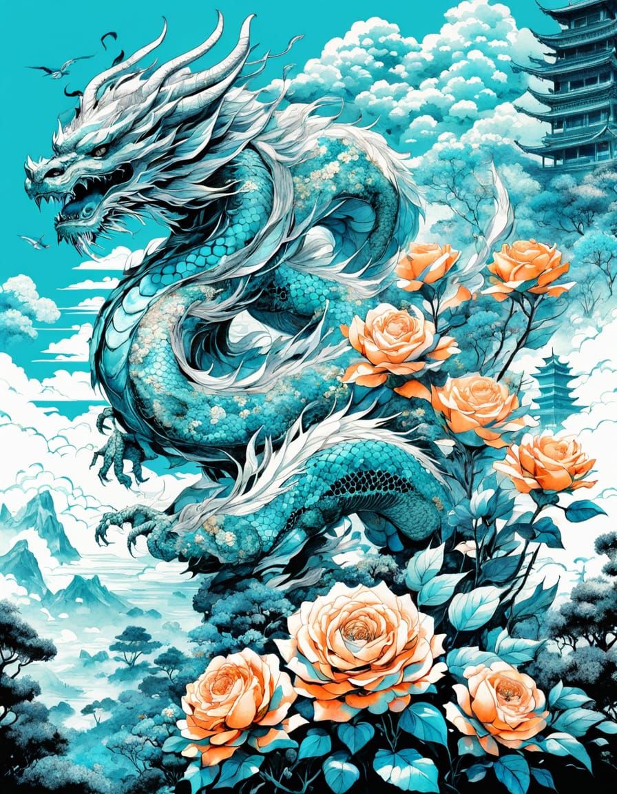 Surreal Turquoise Dragon Soars Amidst Vibrant Spring Landsca...