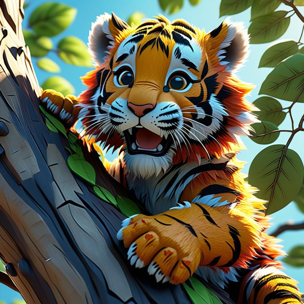 Vibrant 3D Anime Tigercub Climbing a Tree