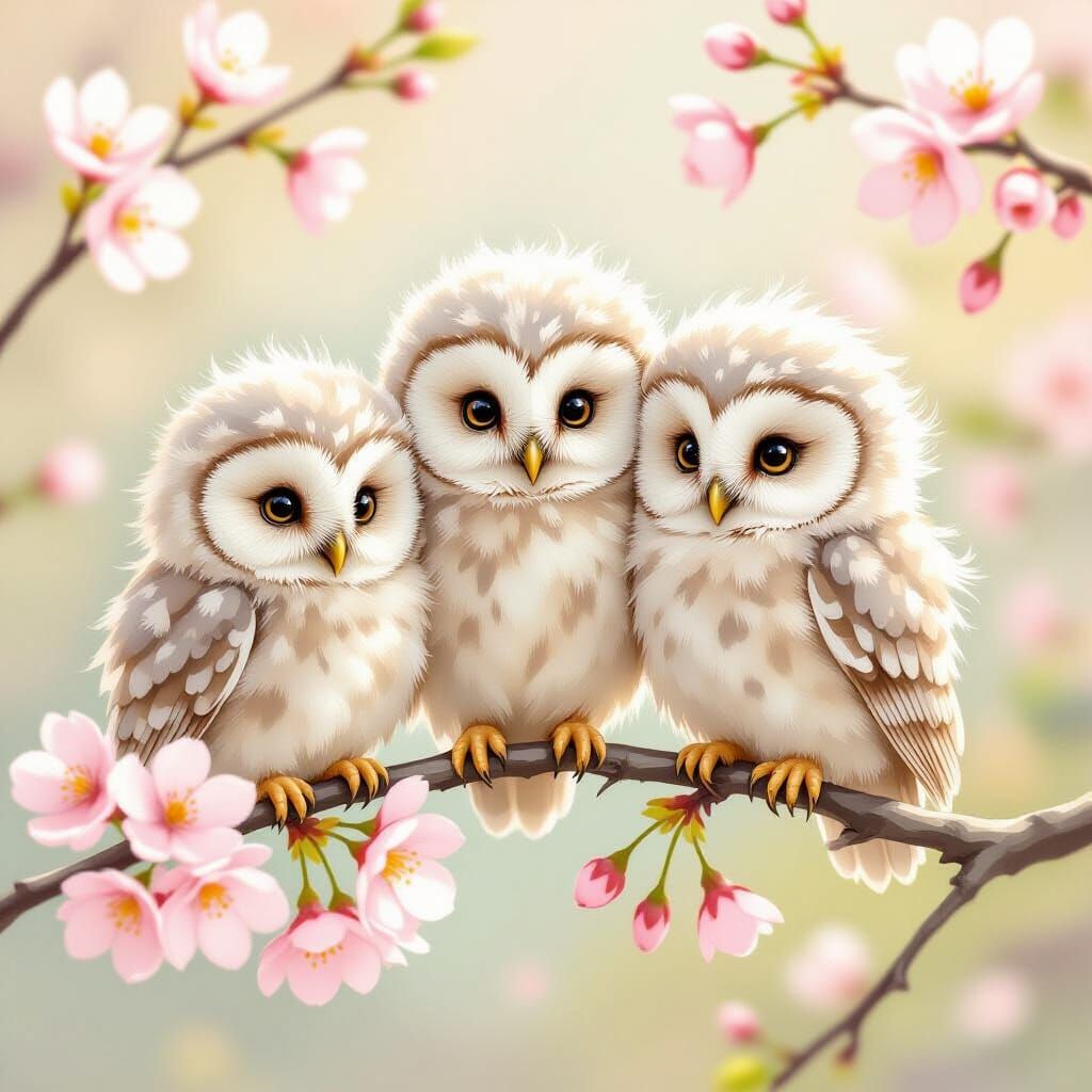 Pastel Owlets on Cherry Blossom Branch, Watercolor Style