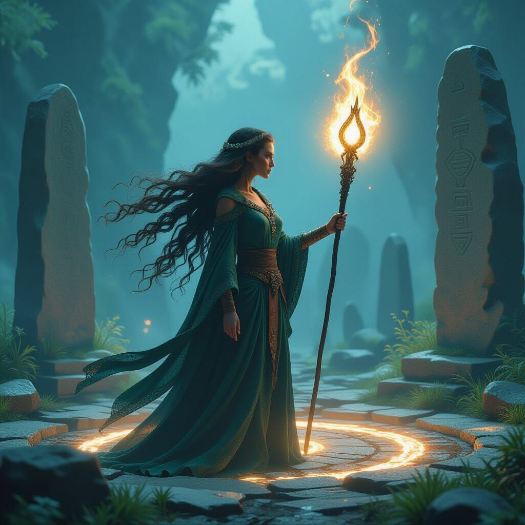 Celtic Druidess with Glowing Staff in Digital Matte Painting