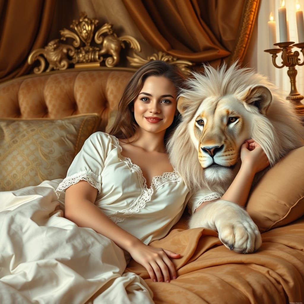 Lady in Velvet Bedchamber with Gentle White Lion