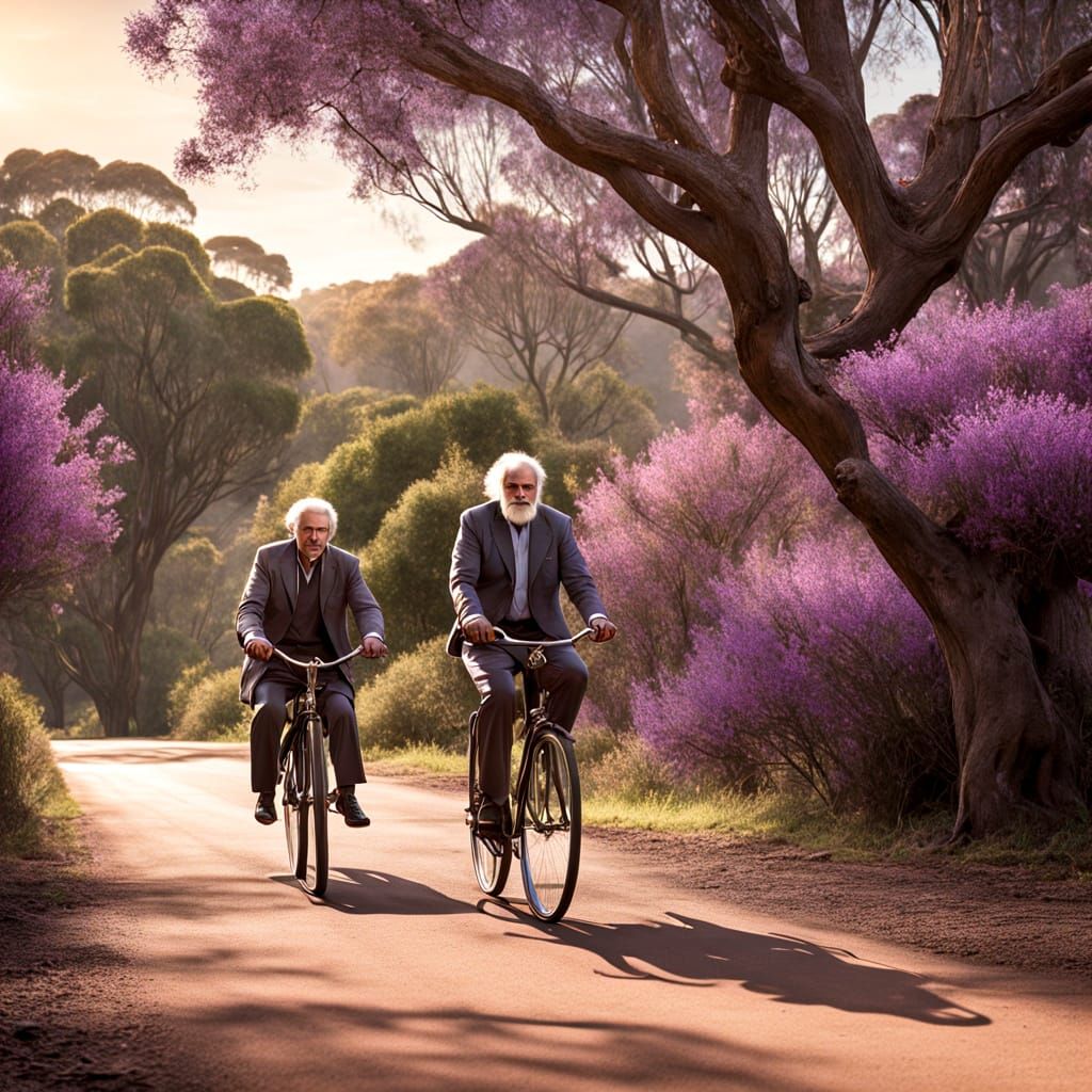 Vintage Bicyclist Serenaded by Jacaranda Blooms in Golden Li...