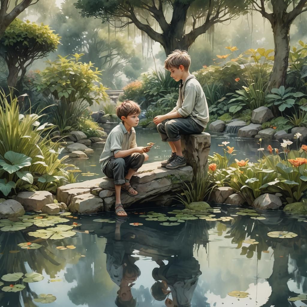 Melancholic Brothers in a Watercolor Garden