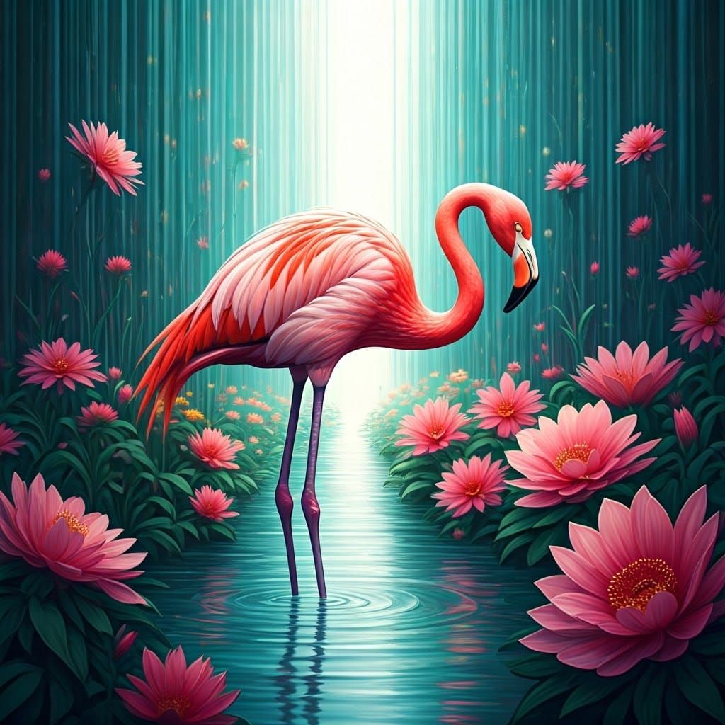 Flamingo in Vibrant Alien River Garden Scene