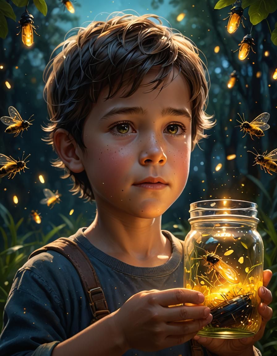 Boy with Fireflies: Hyperrealistic Splash Art