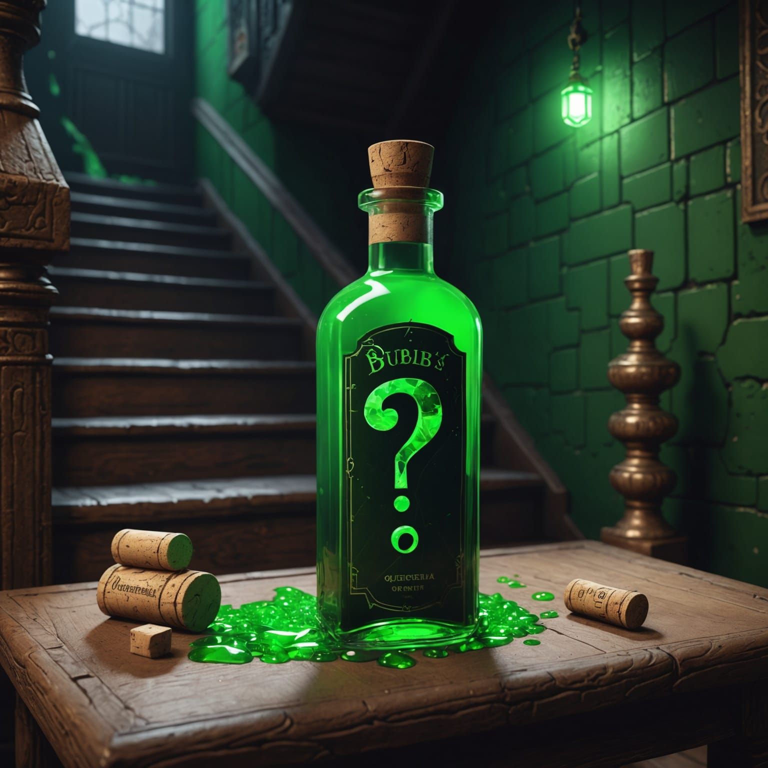 Mysterious Green Potion in Fluorescent Basement: Fantasy Art