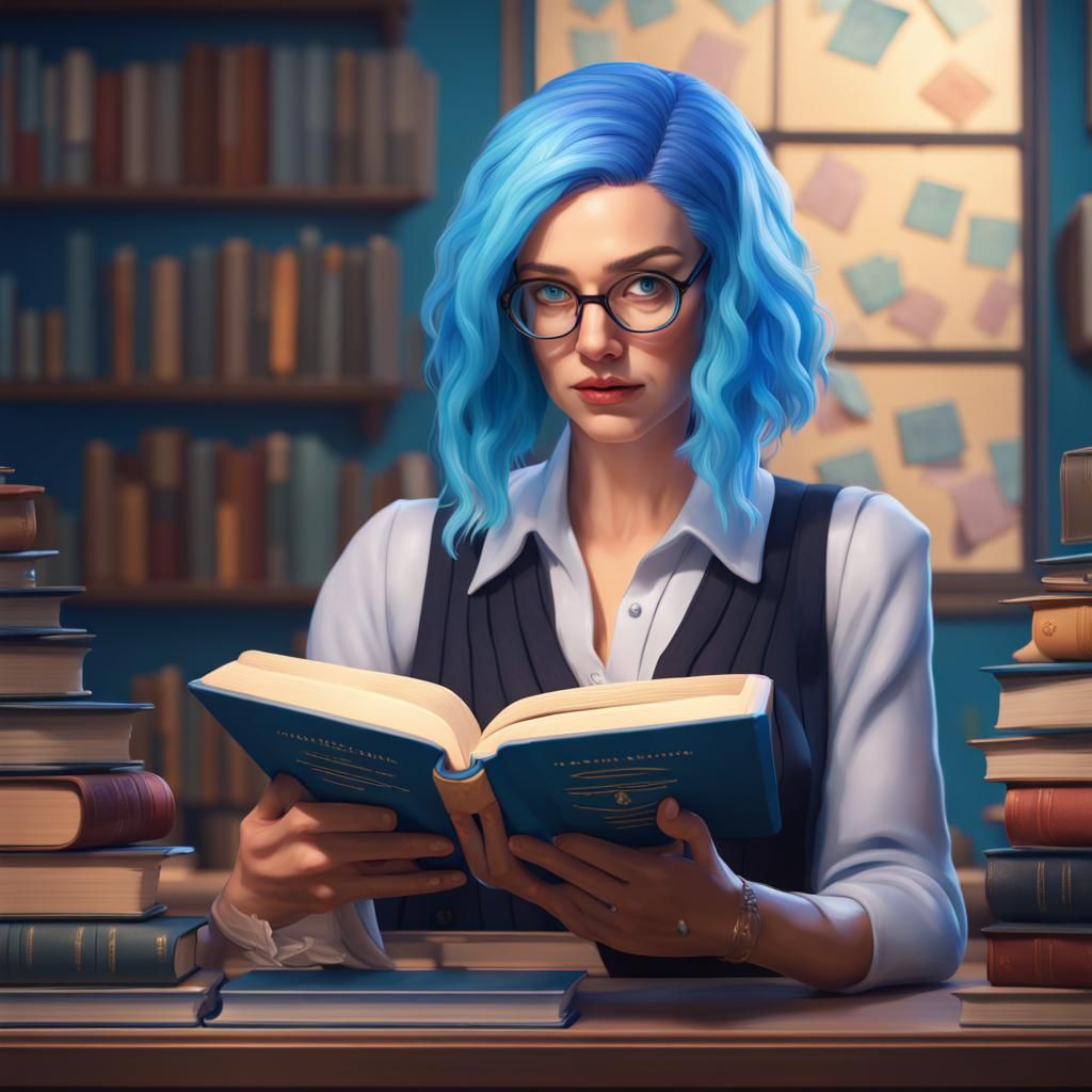 Blue-Haired Librarian Reading a Book, Splash Art