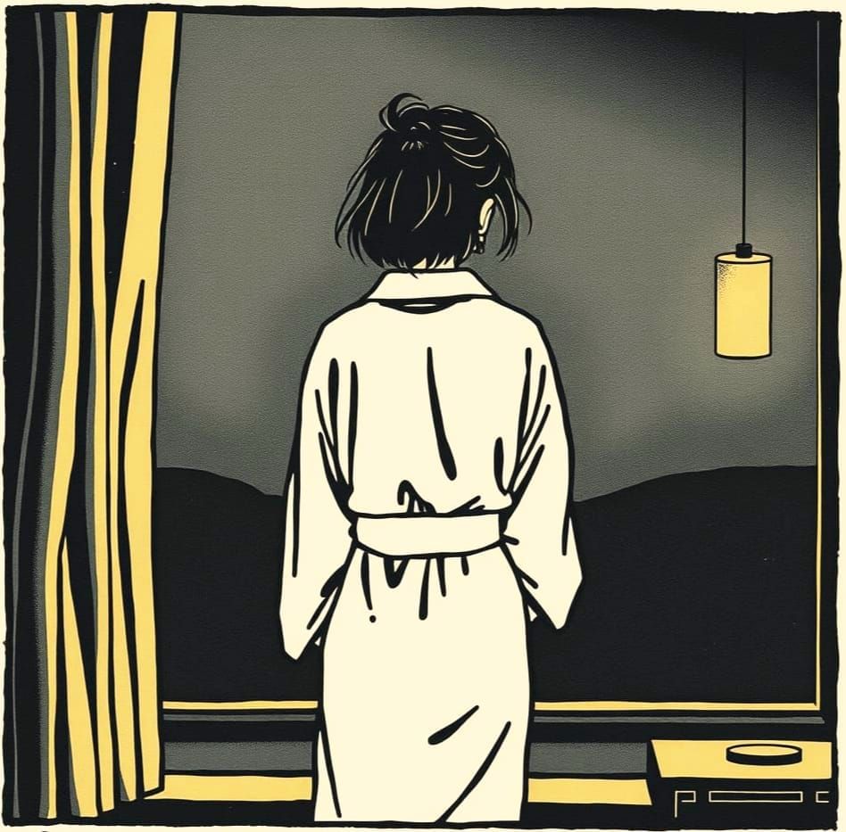 Linocut of Lonely Woman Gazing at Night Sky