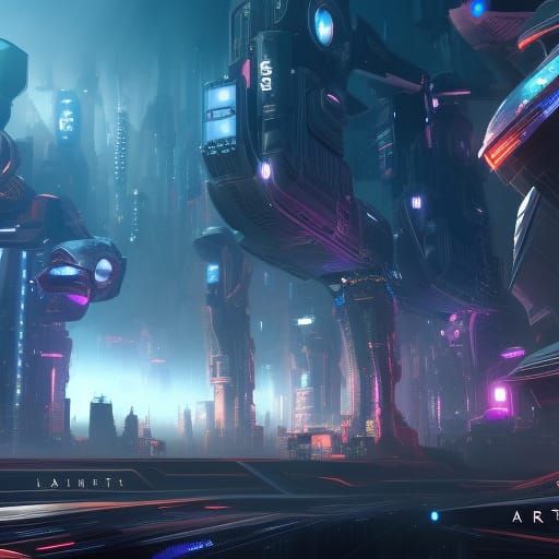 Futuristic Cyber City with Robots in Digital Art Style