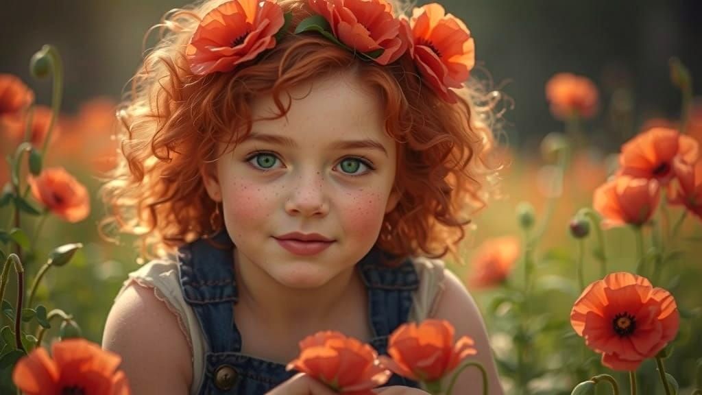 Surreal Portrait of Curly Red-Haired Girl in Vibrant Poppy F...