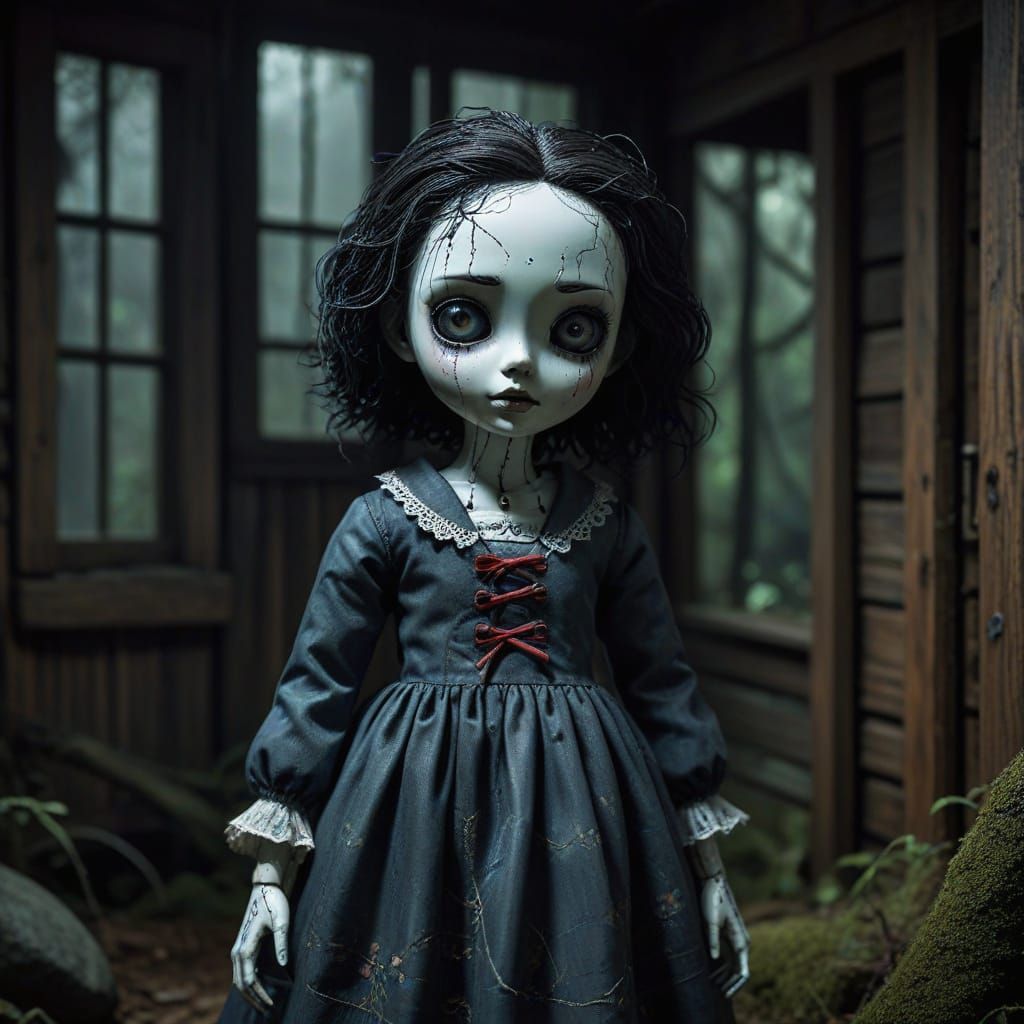 Ethereal Porcelain Doll in Ancient Forest