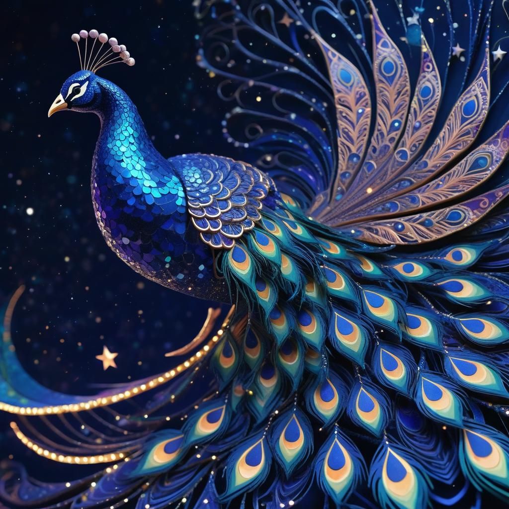 Henna Peacock Soaring Through Starry Cosmic Sky