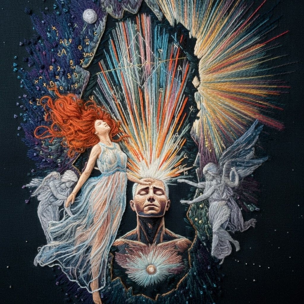 Celestial Embroidery of Woman and Man in Embroidered Space-T...