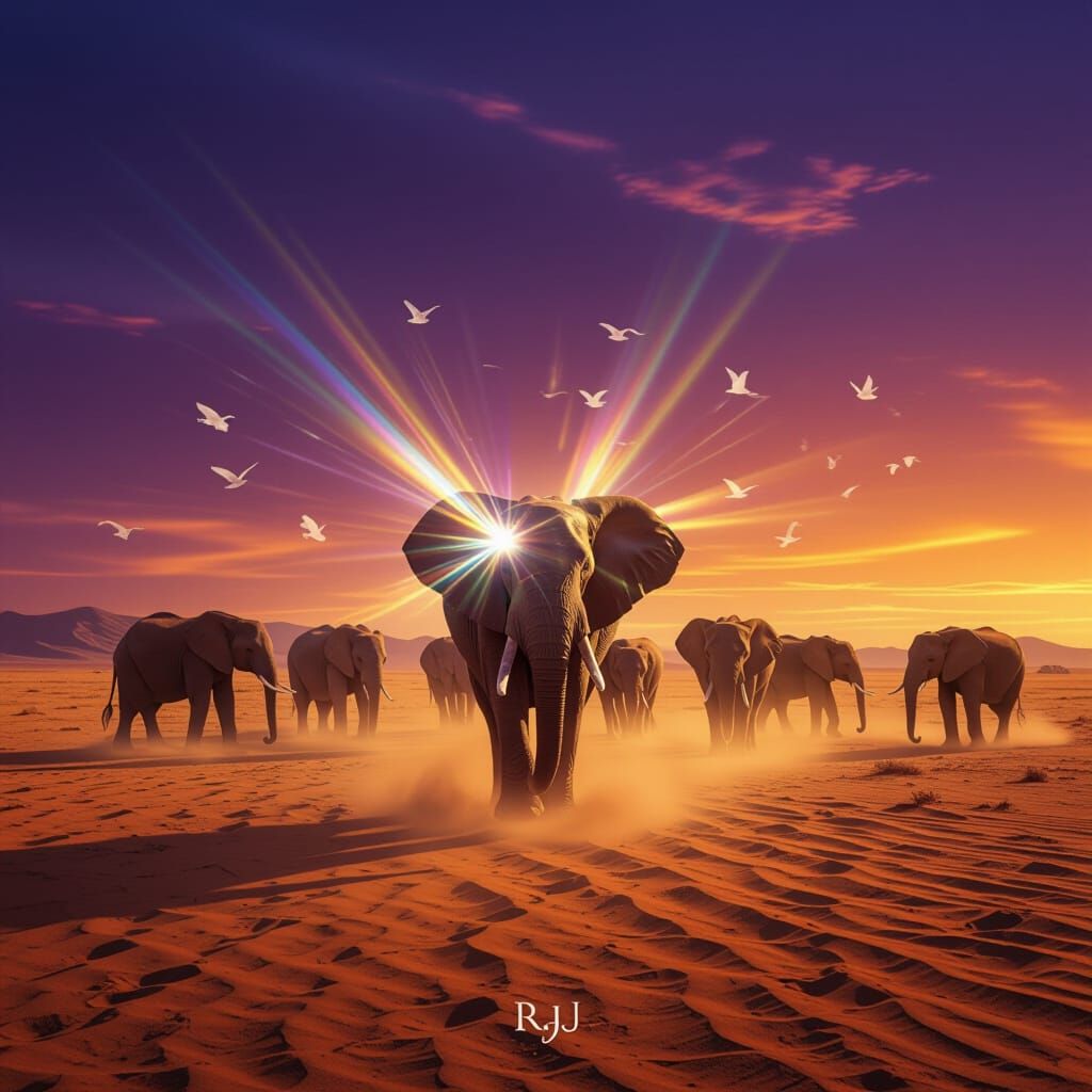Surreal Savannah Elephants in Golden Dust Sky