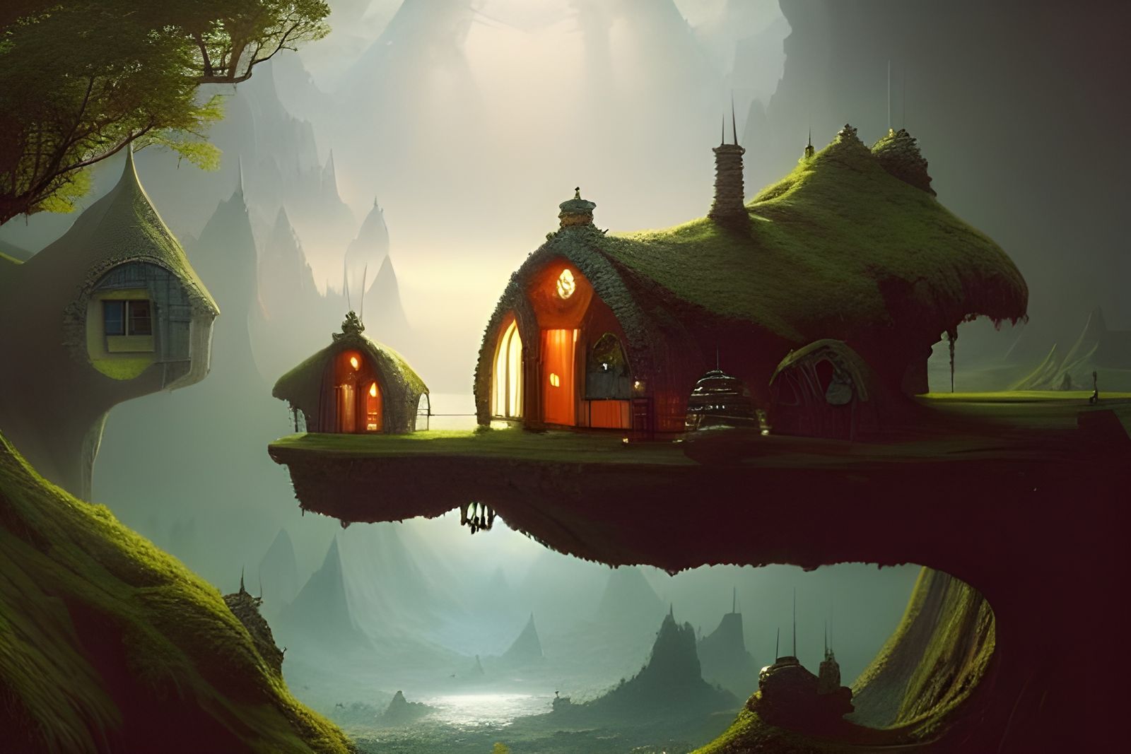 Floating Hobbit House in Surreal Fantasy Art