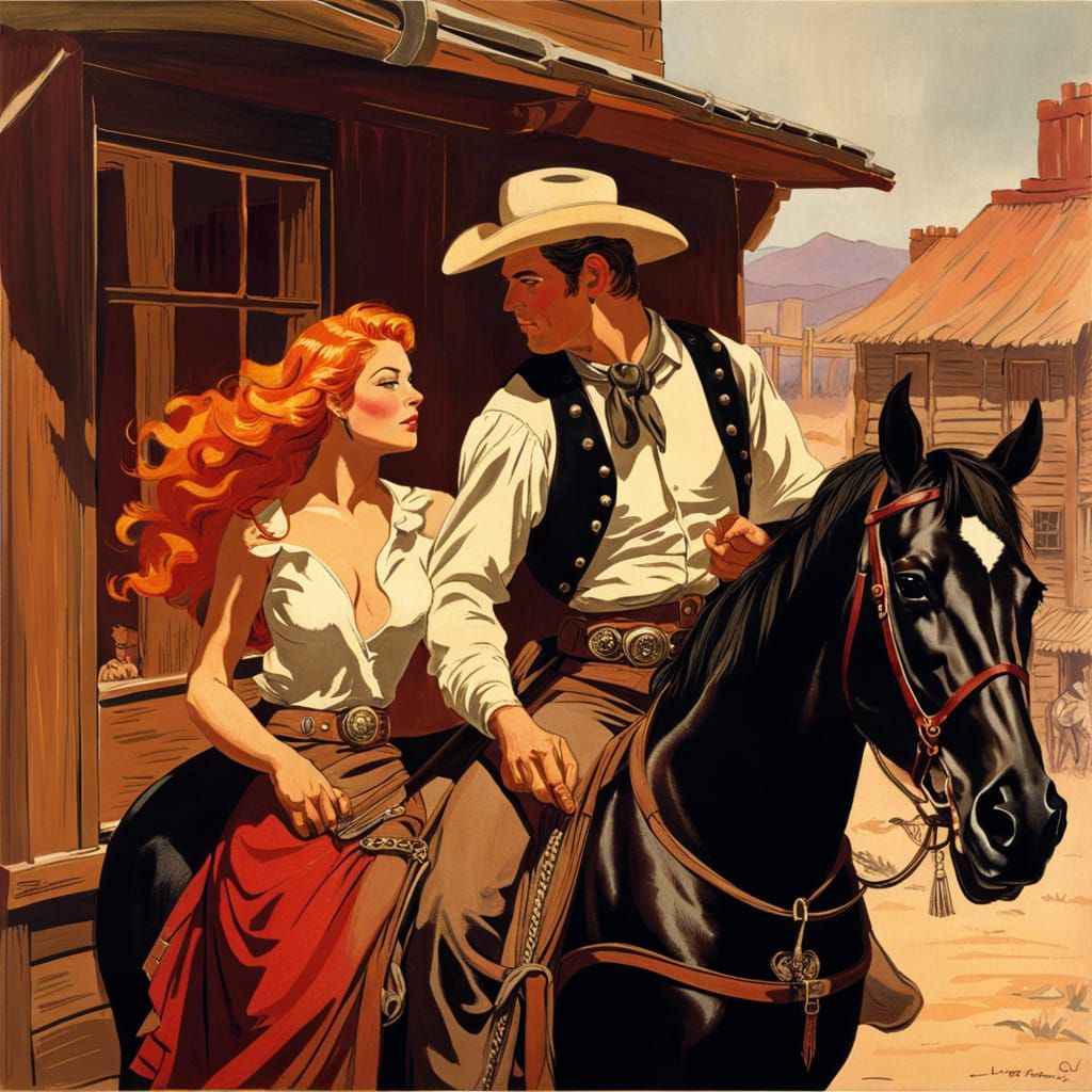 Cowboy on Black Stallion in Wild West Town