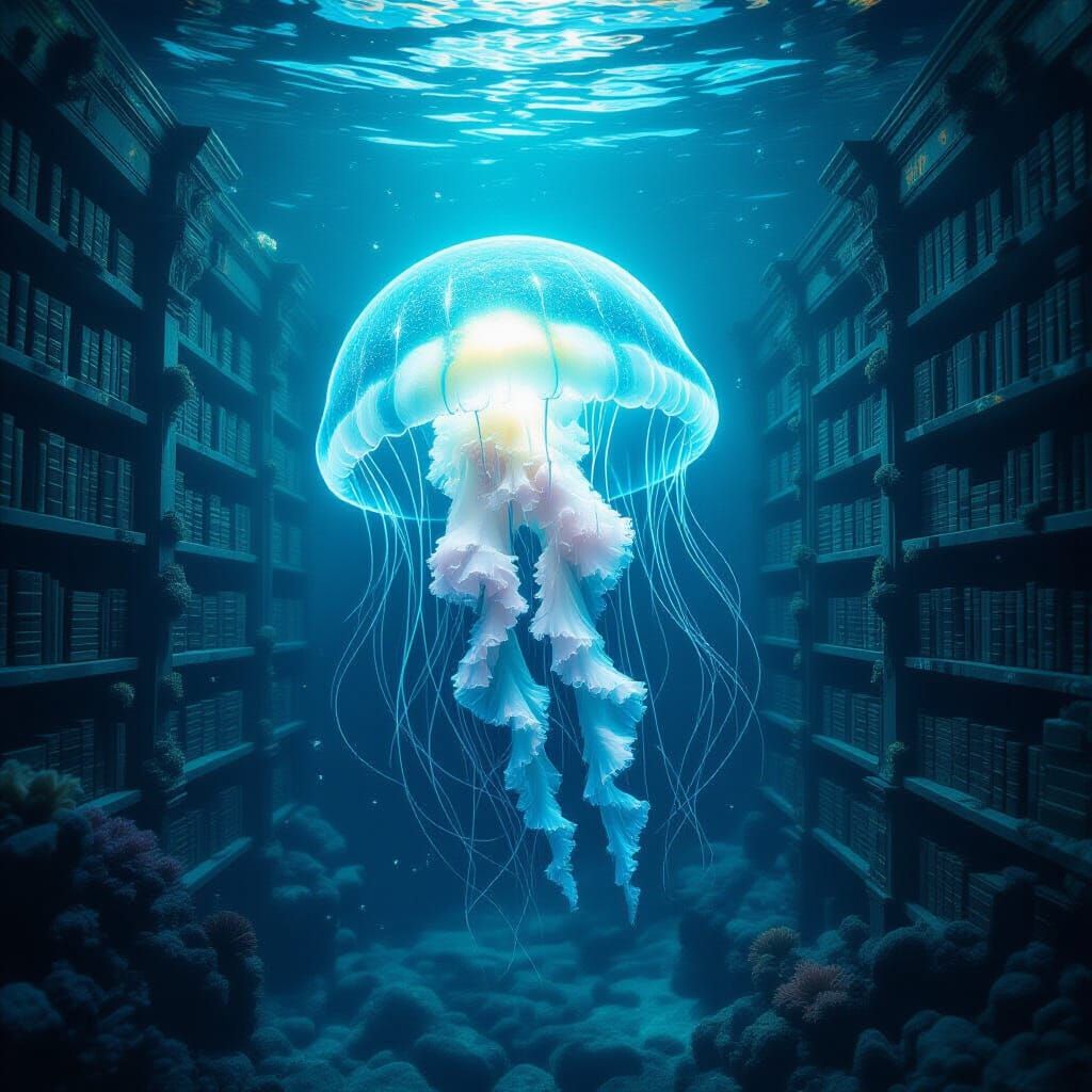 Bioluminescent Jellyfish in Ancient Submerged Library
