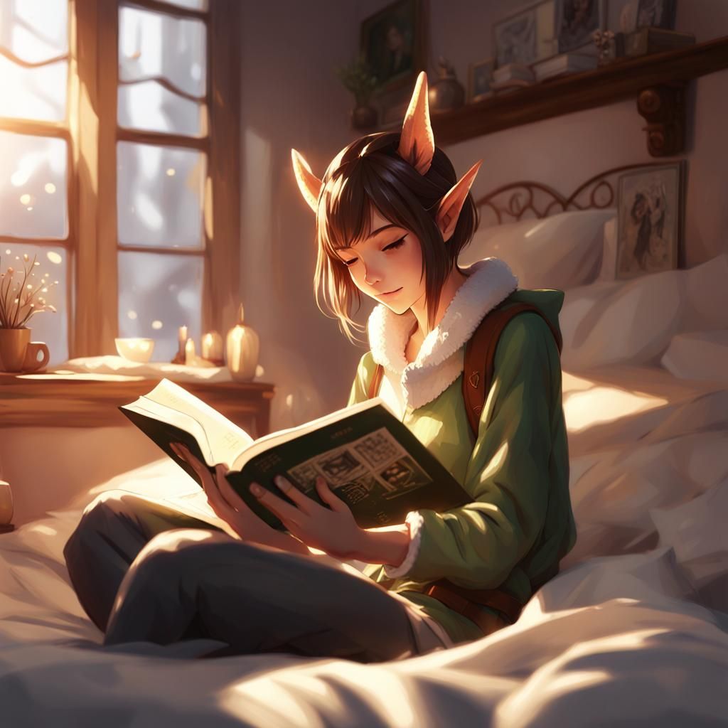 Elf Woman Reading in Sunlight, Anime Style